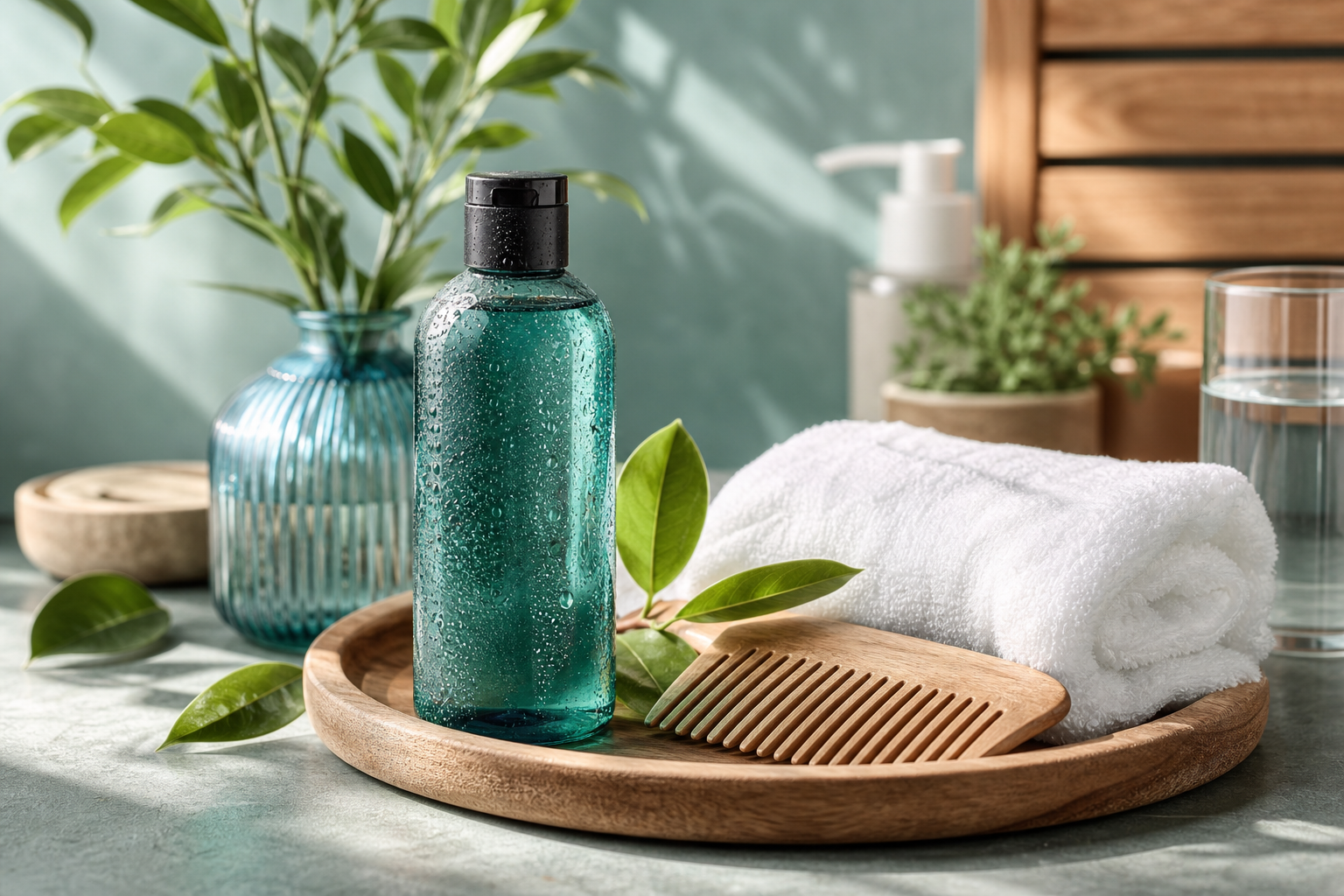 Gentle shampoo, wooden comb and clean towel for oily scalp care