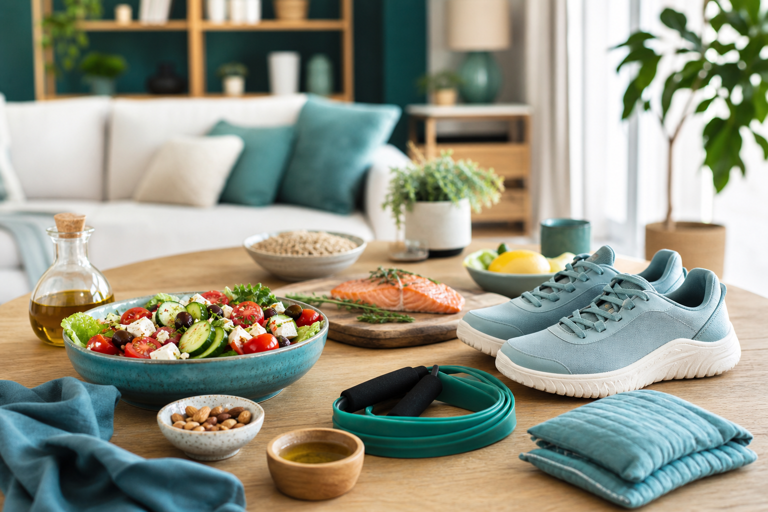 Resistance band, supportive shoes and balanced foods for osteoarthritis management