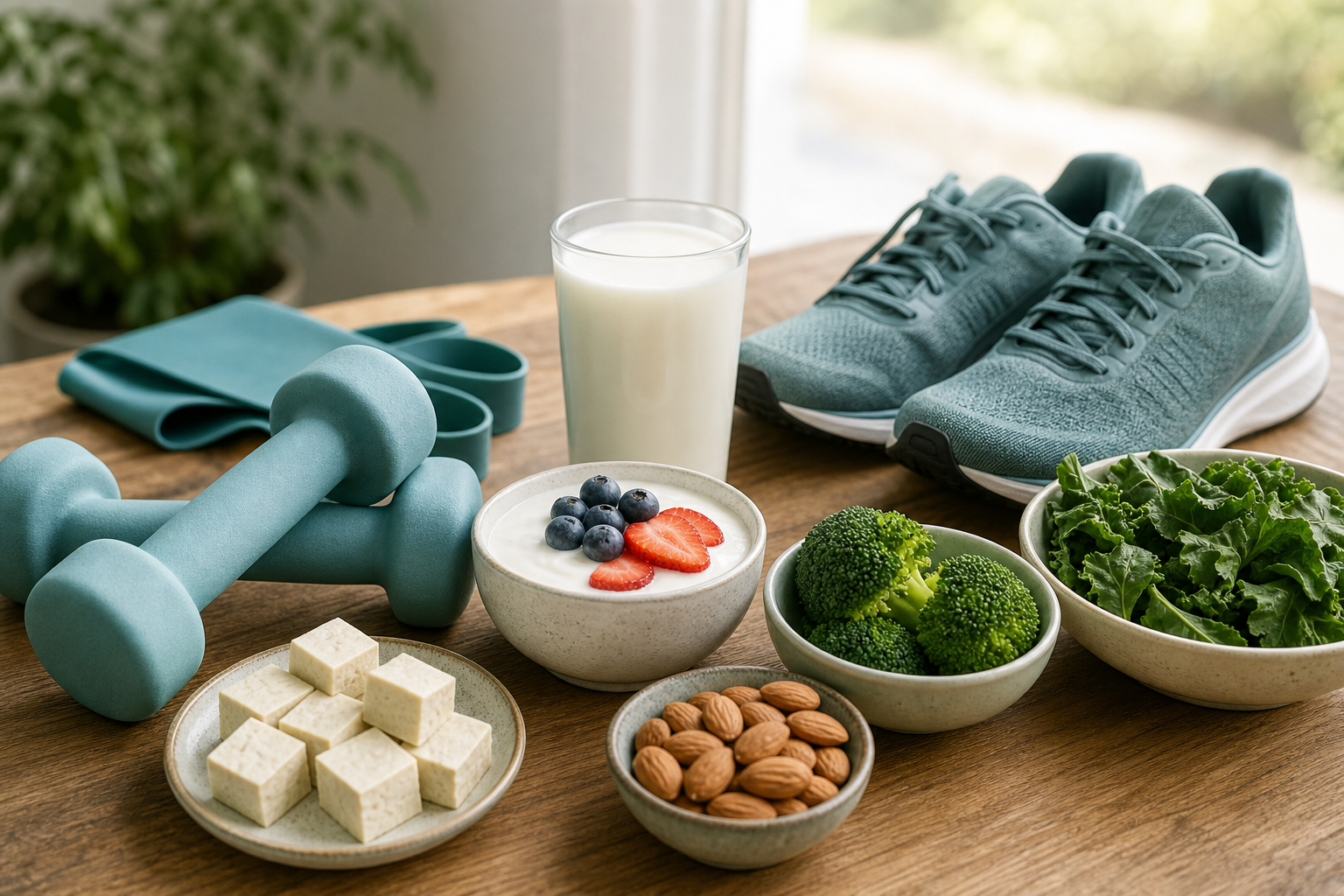 Light weights, resistance band, walking shoes and calcium-rich foods for bone health