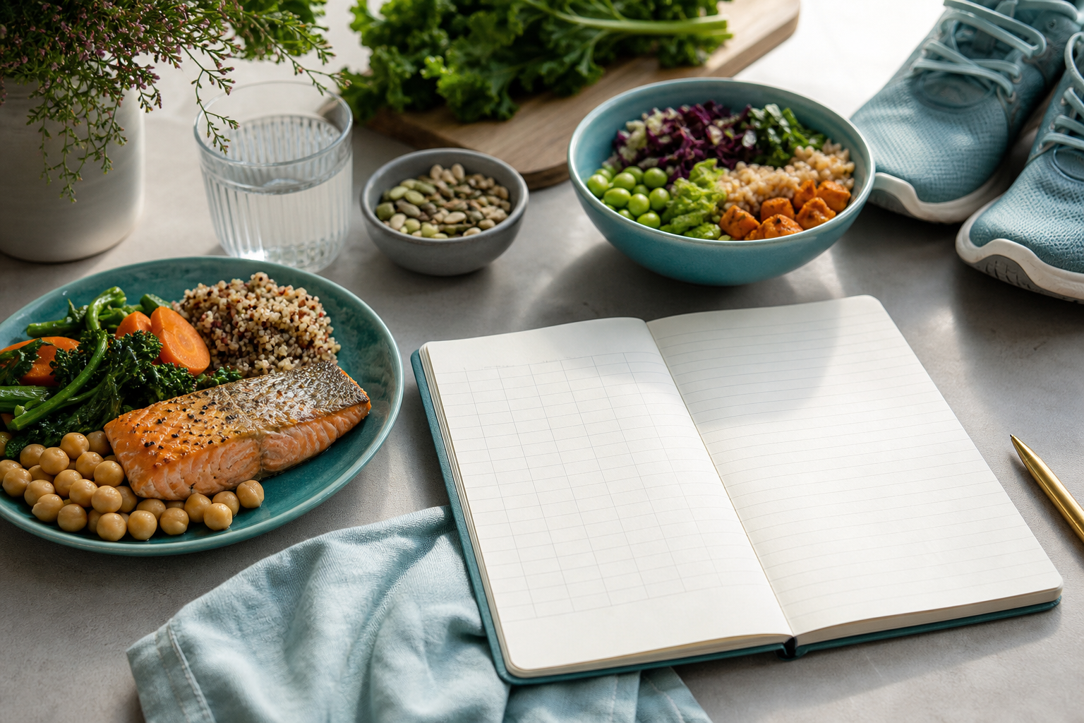Cycle journal, balanced whole foods, water and walking shoes for PCOS wellbeing
