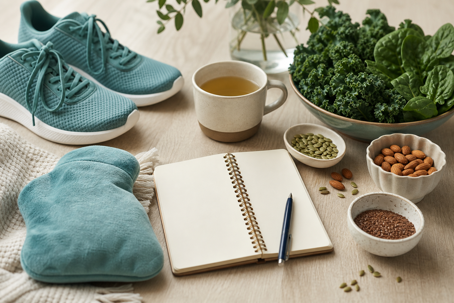 Symptom journal, heat pack, herbal tea and nutrient-rich foods for PMS support