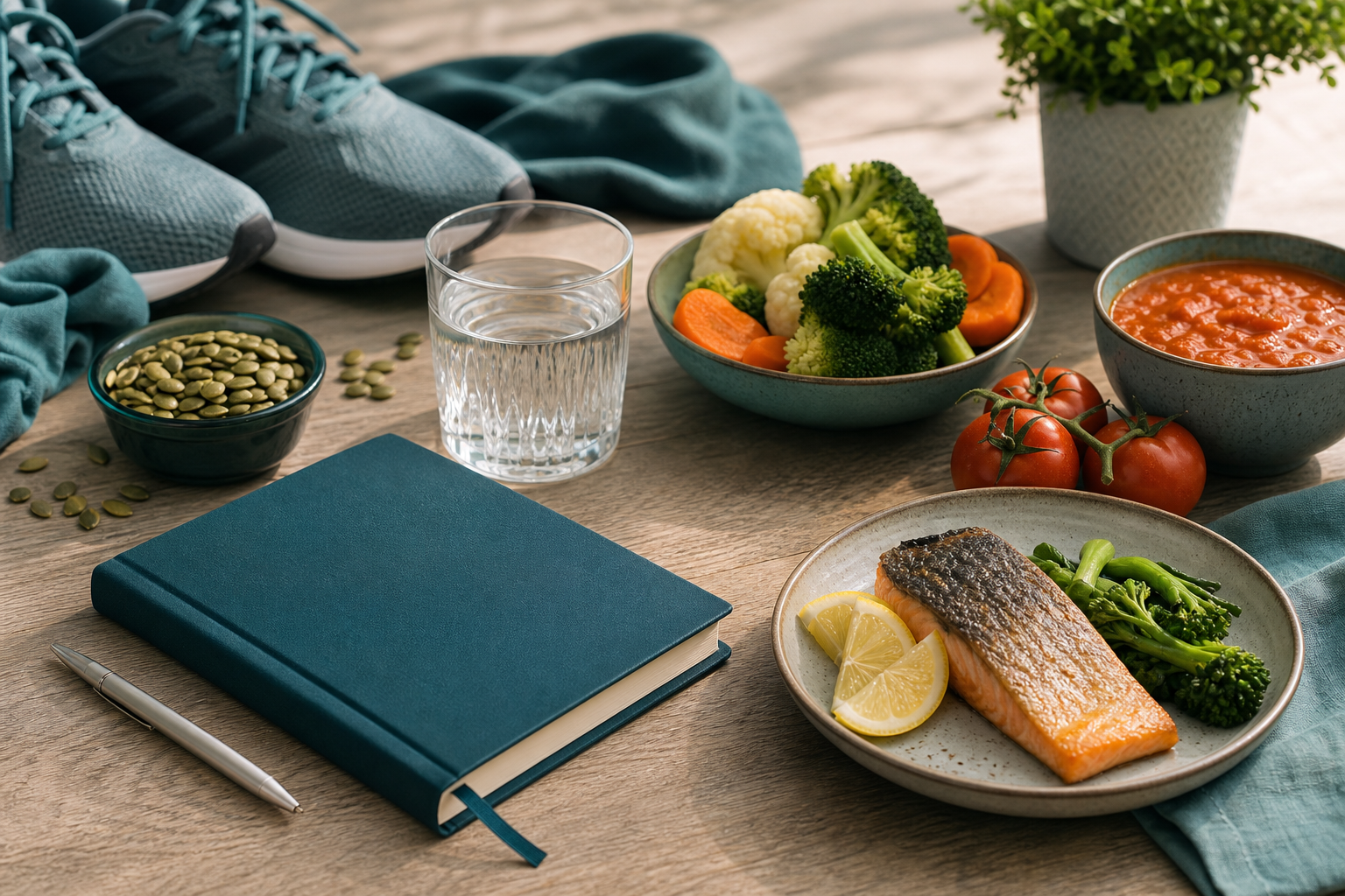 Private wellbeing journal, water and prostate-supportive whole foods
