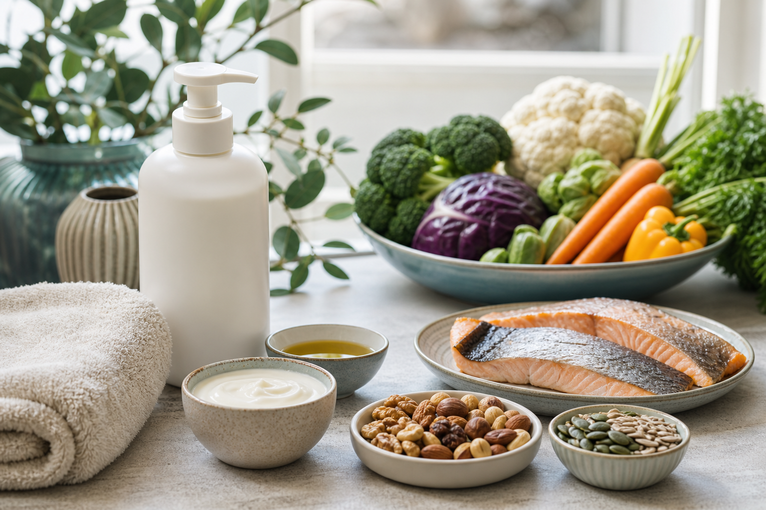 Fragrance-free emollient, soft towel and balanced foods for psoriasis self-care