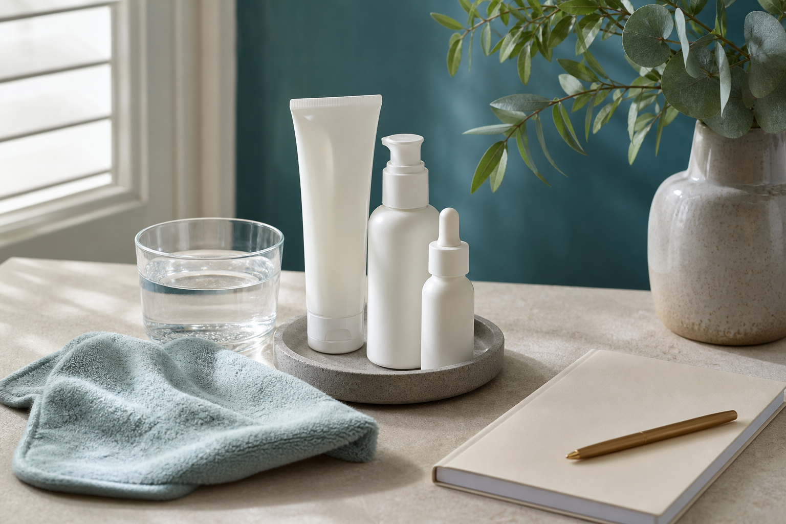 Gentle fragrance-free skincare, sunscreen, cool water and trigger journal for rosacea care