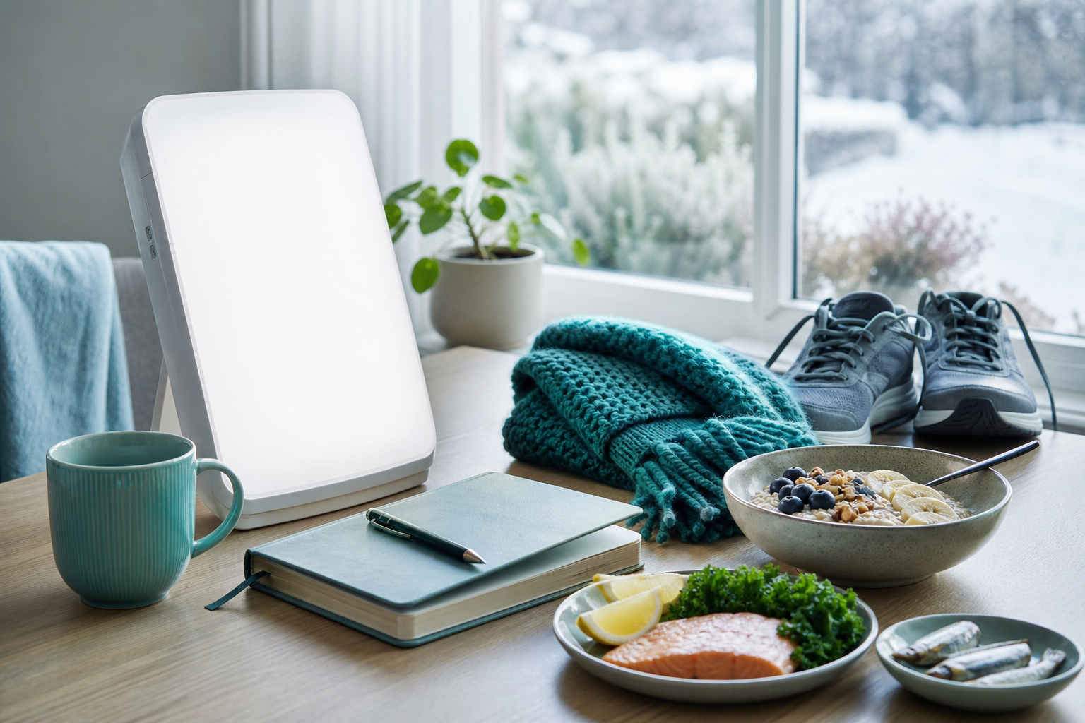 Bright light box, winter daylight, mood journal, walking shoes and vitamin-D-rich foods