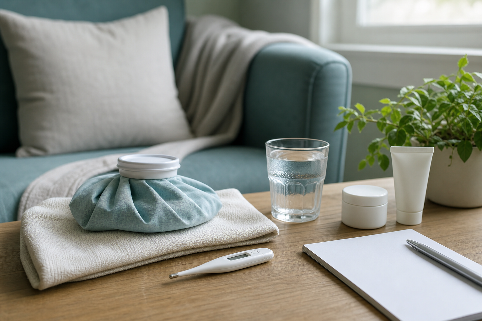 Wrapped cool compress, loose cotton, water and gentle skincare for shingles self-care