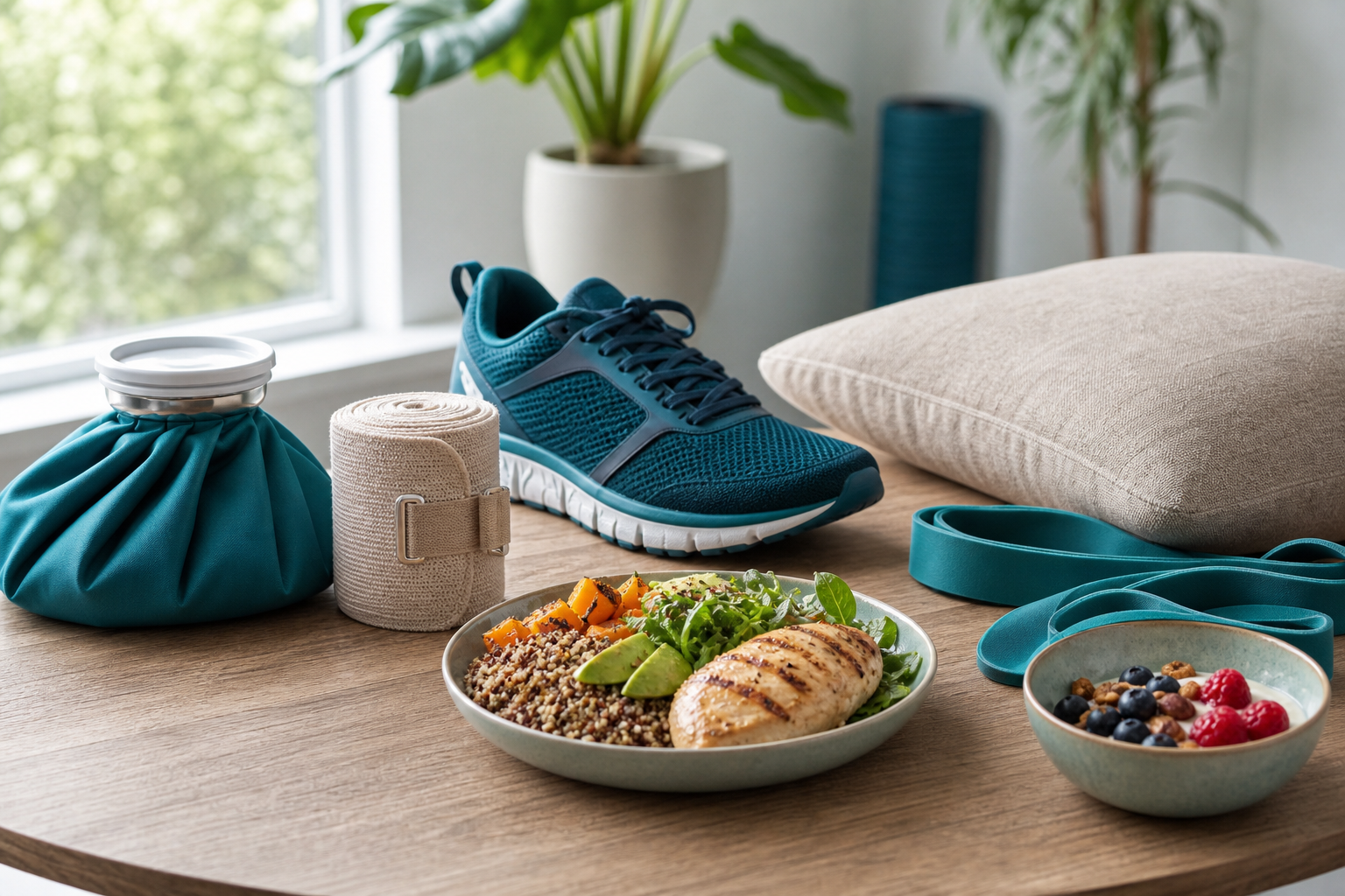 Wrapped ice pack, compression bandage, supportive shoe and balanced recovery foods