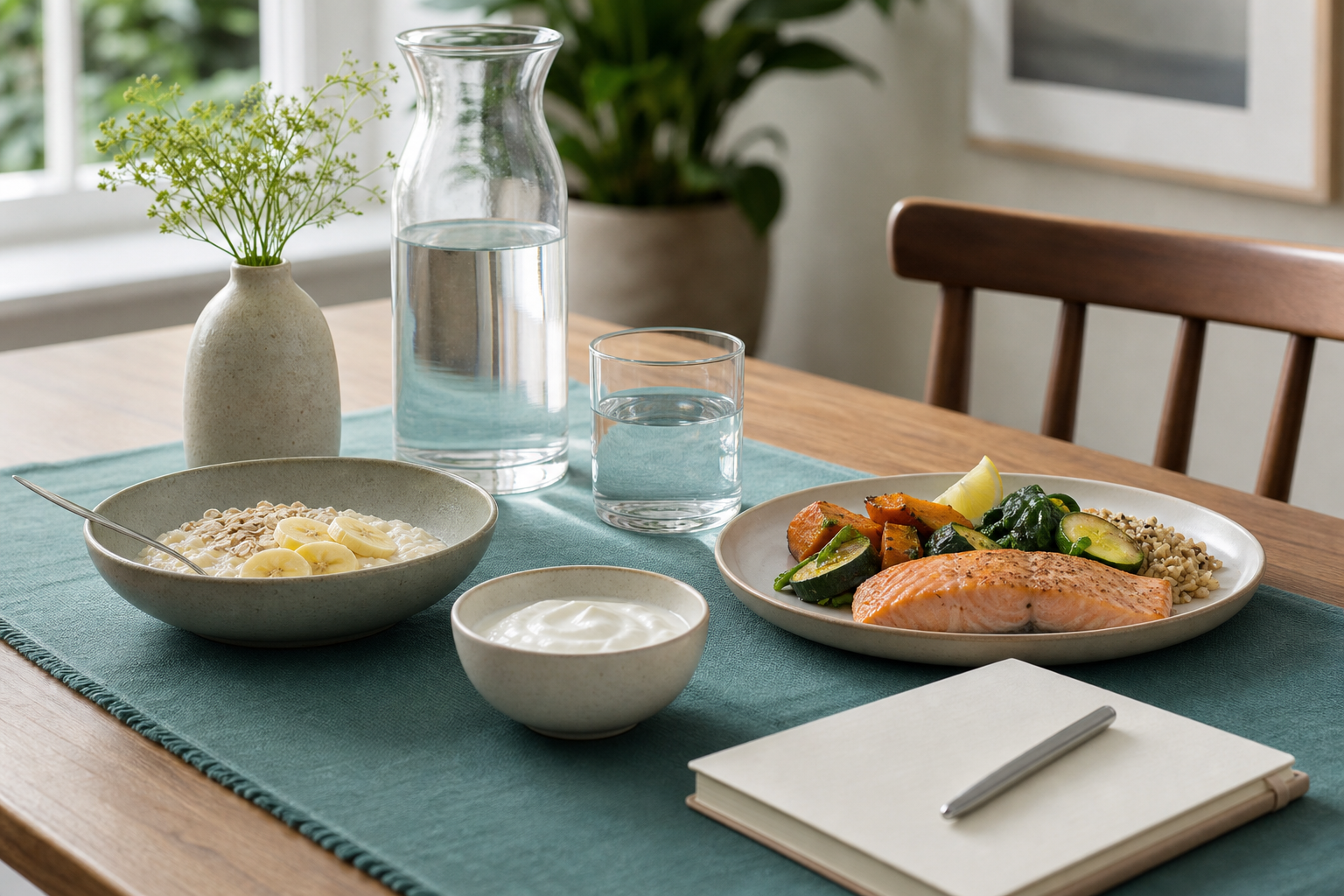 Small gentle meal, water, yoghurt, oats and symptom journal for stomach-ulcer care