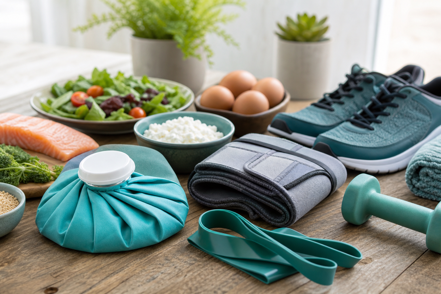 Ice pack, brace, resistance band, supportive shoes and balanced foods for tendon recovery