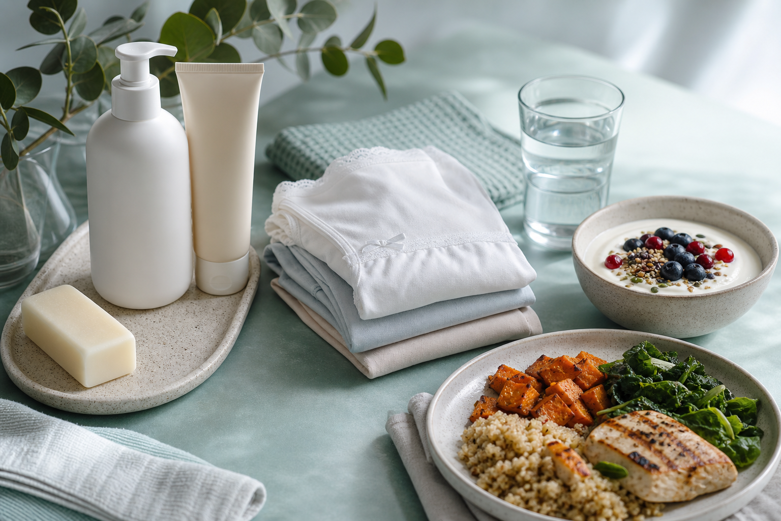 Fragrance-free wash, breathable cotton, water and balanced foods for thrush self-care