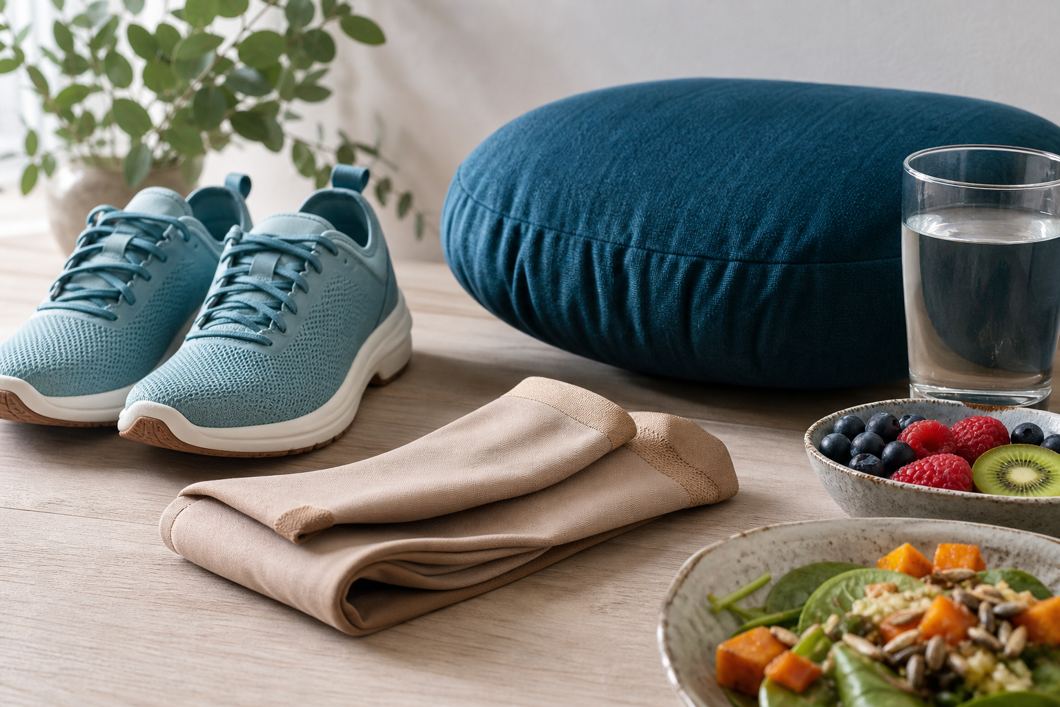 Walking shoes, compression stockings, raised cushion and fibre-rich foods for vein health